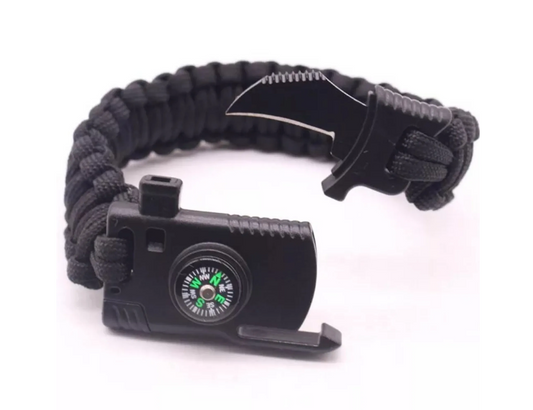 Multifunktionelt nødarmbånd med kniv, fløjte, kompas og flint - overlevelsesarmbånd - nødarmbånd - nødorientering/nødbrand - udendørs armbånd - sort