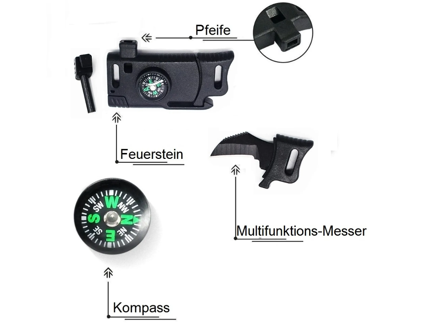 Multifunktionelt nødarmbånd med kniv, fløjte, kompas og flint - overlevelsesarmbånd - nødarmbånd - nødorientering/nødbrand - udendørs armbånd - sort