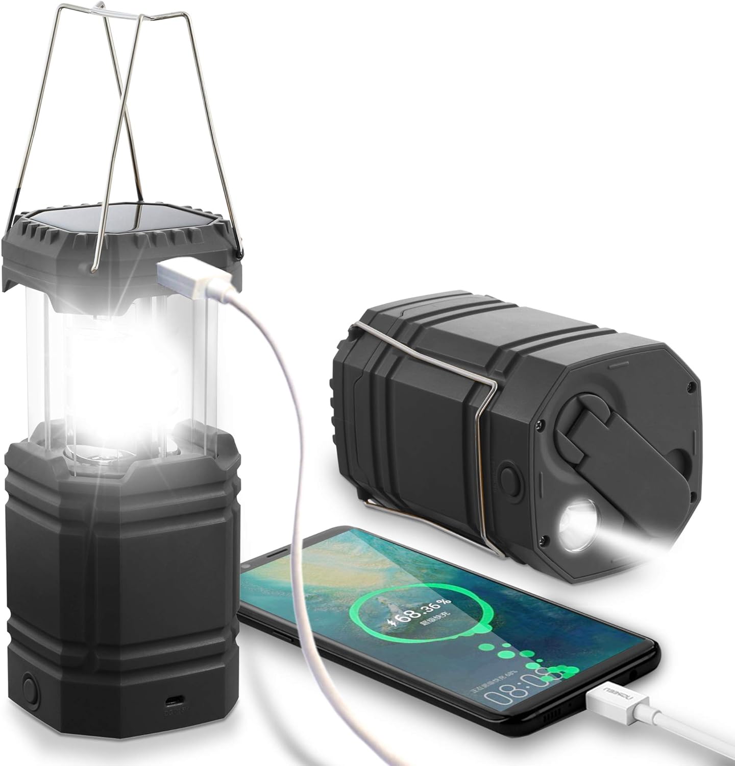 3 i 1 lys - nødlys - solcelle/LED lampe - 80 lumen - camping lanterne - nødstrømkilde - lampe med powerbank funktion - nødberedskab - nødoplader