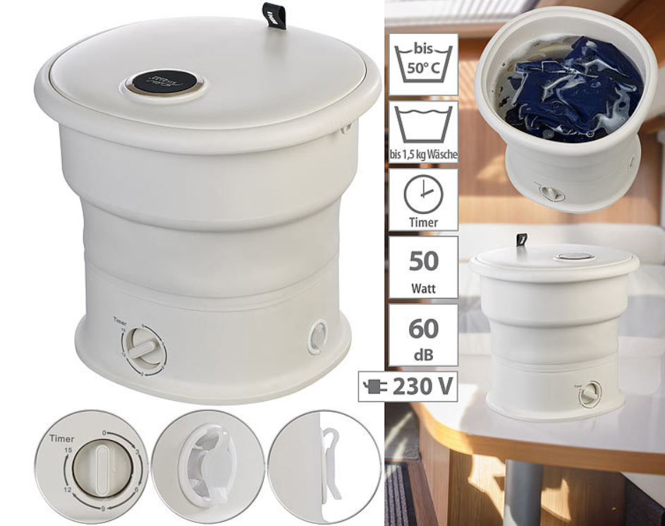 Sammenklappelig minivaskemaskine - campingvaskemaskine - udendørs vaskemaskine nødopvaskemaskine - op til 1,5 kg - 50 W - pulsator, timer