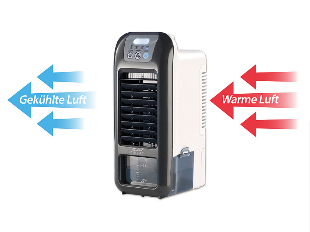 Luftkøler til varme temperaturer - mod tør luft - mobil fordampningskøler - køleenhed - minikøler - 9 W - nødkøler/nødkolde - vandkøling/-køling - fordampningsteknologi