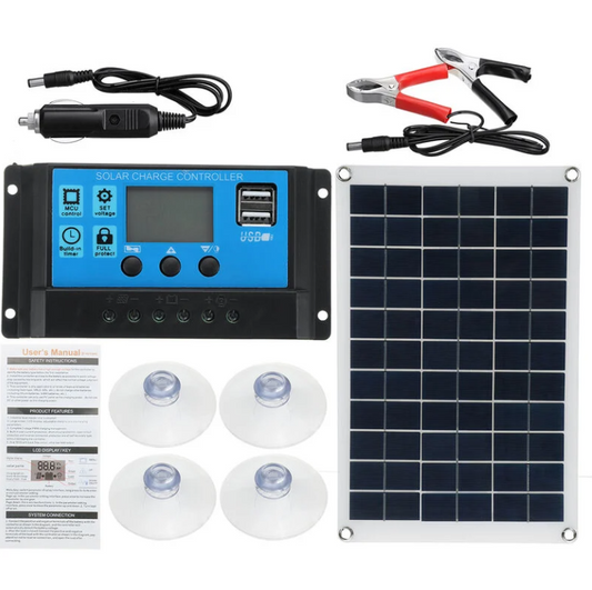 Solpanel med 100 watt inklusive controller - krokodilleclips - stangtang - biloplader