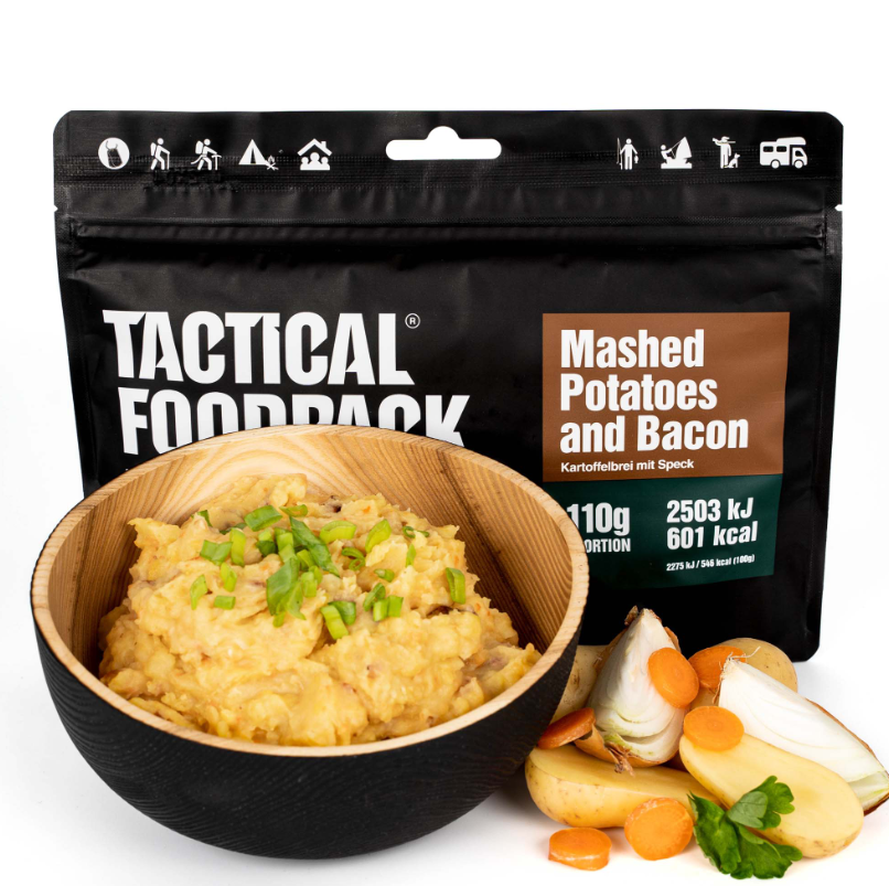 Kartoffelmos med bacon - 110 gram - hovedret/hovedret - måltid - nødration/nødmad - nødration/nødforsyning - nødpakke/madpakke - madration - overlevelsesration - overlevelsesmad - næringsstoffer/mad