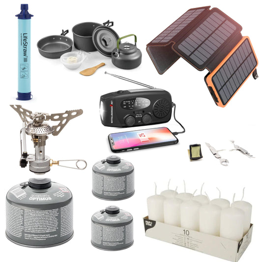 Strømafbrydelsespakke Premium Blackout-sæt - med gaskomfur, kogesæt, bestik, solenergibank, vandfilter, stearinlys og meget mere